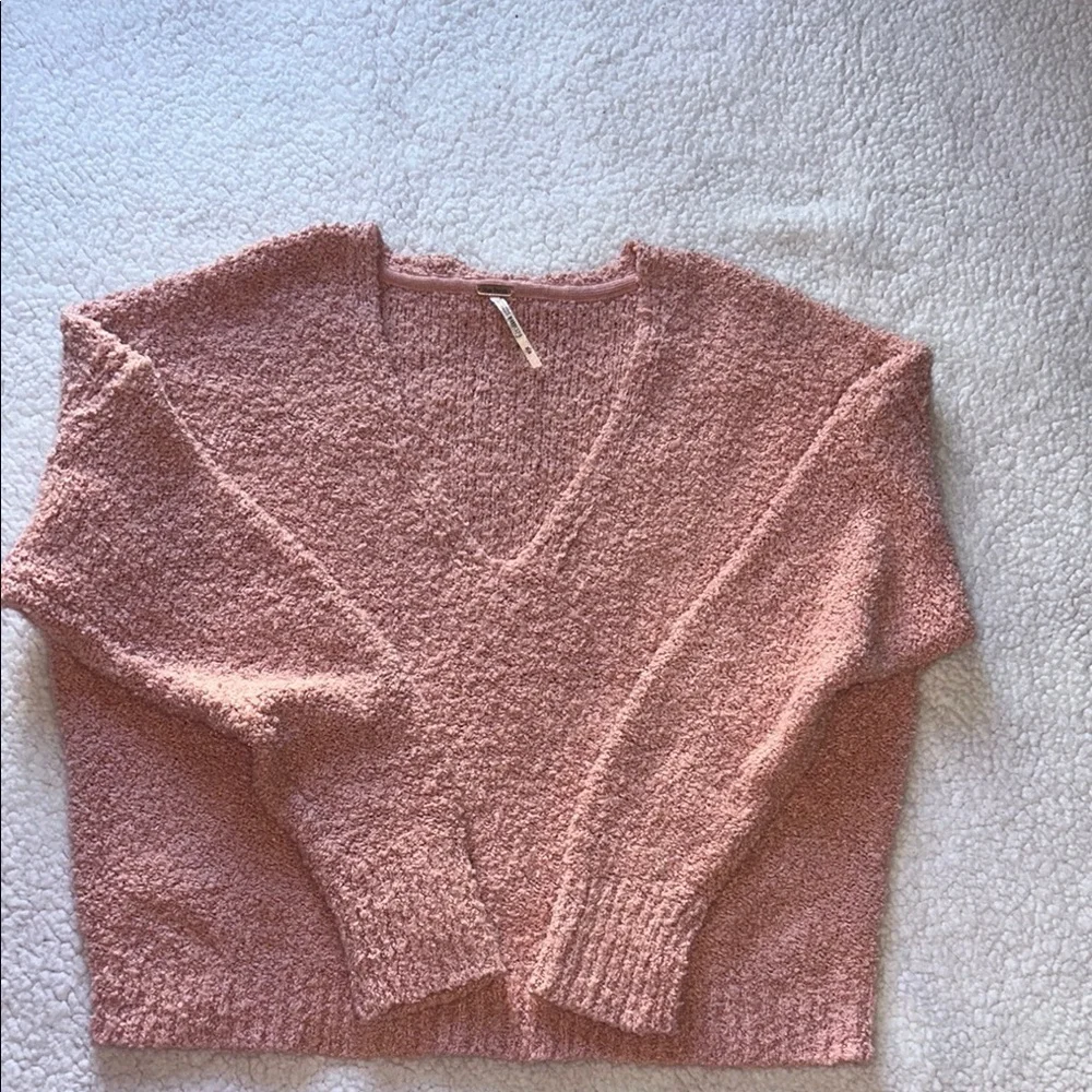 Free People Pink V-Neck Sweater with Textured Knit